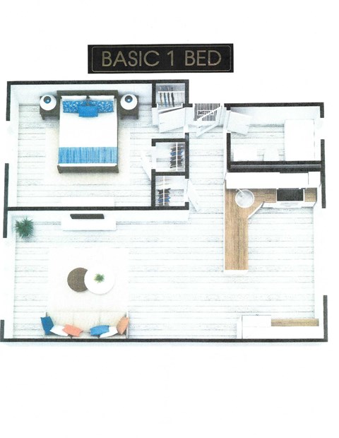 Floor plan for 1 bed, 1 bath, 645 sqft